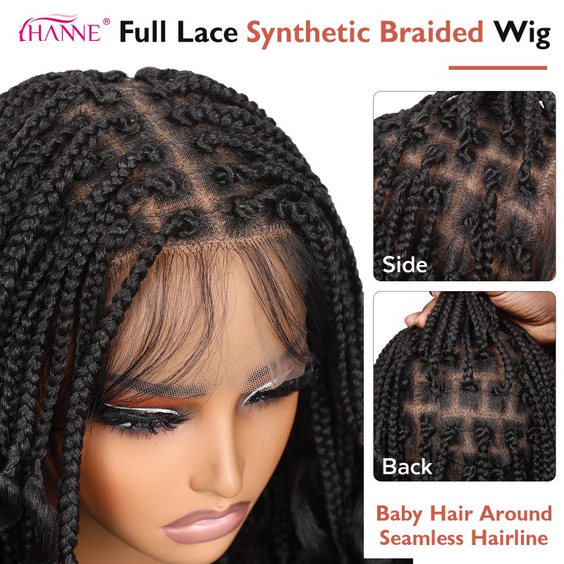 HANNE Braided Wigs for Black Women Double Full Lace Box Braided Wigs Synthetic Wavy Glueless Braid Wig with Baby Hair 3D Curls Braided Wig 24 Inch (1B, Wavy-24) - Image 3